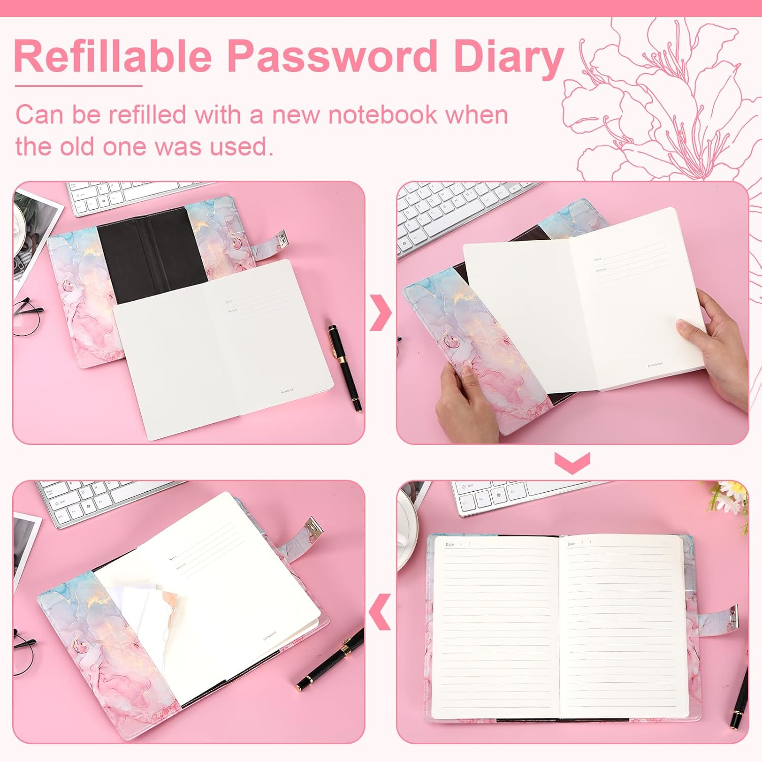 Toplive Marble Diary with Lock for Girls and Women, A5 Secret Journal with Lock, PU Leather A5 Password Notebook, Lockable Journal Diary Planner, for Girls Women, Marble Pink - Marble Pink image number 3