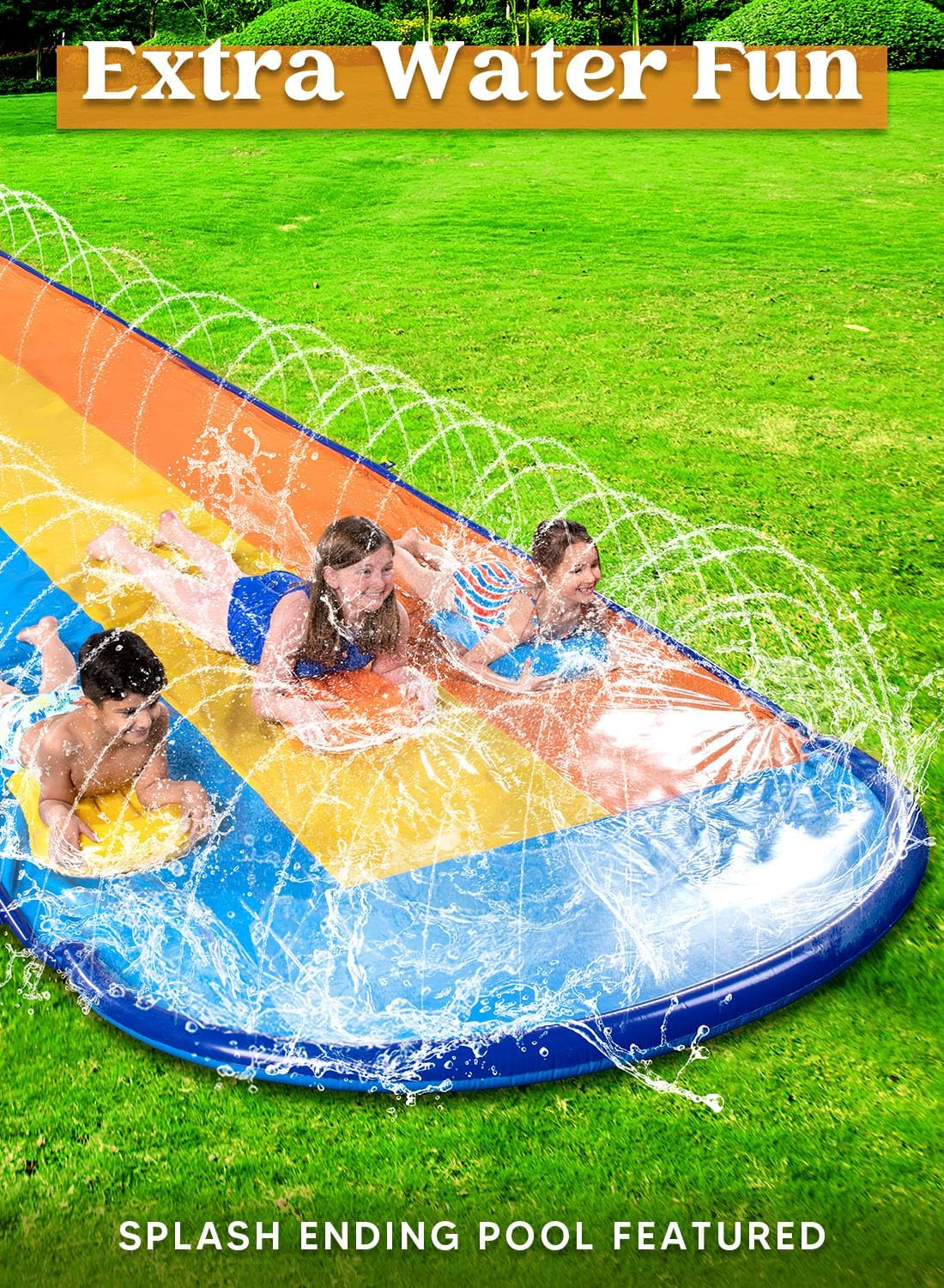 Sloosh Triple Water Slide with 3 Bodyboards, 18FT Lawn Water Splash Slip and Slide Summer Toy Splash Pad with Build in Advanced Sprinkler for Kids Adults Backyard Summer Water Fun image number 3