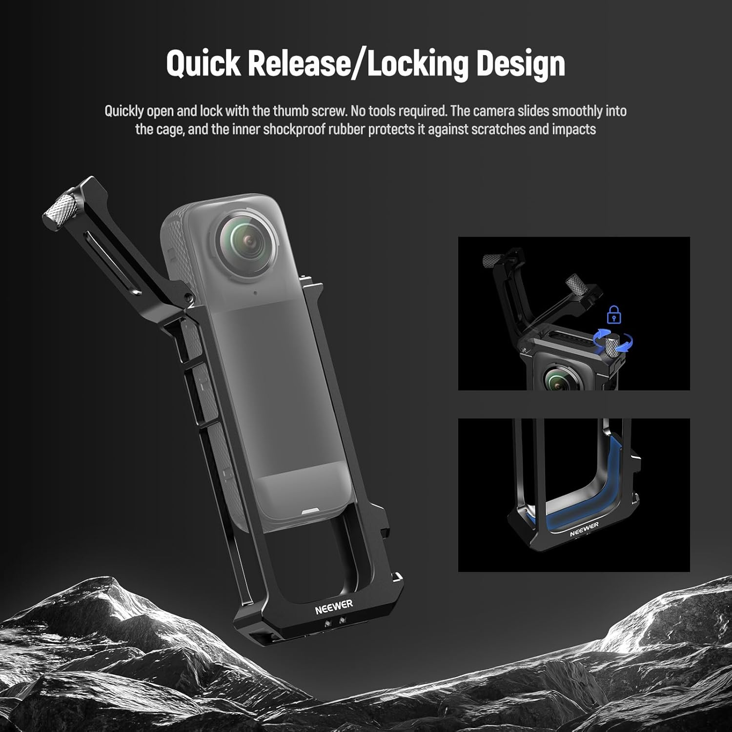 NEEWER X4 Action Camera Cage， Protective Case with Folding Fingers Compatible with Insta360 X4， Video Recording Rig Aluminum Alloy Frame with Lens Protector Cap， No Assembly Required， AC010 image number 4