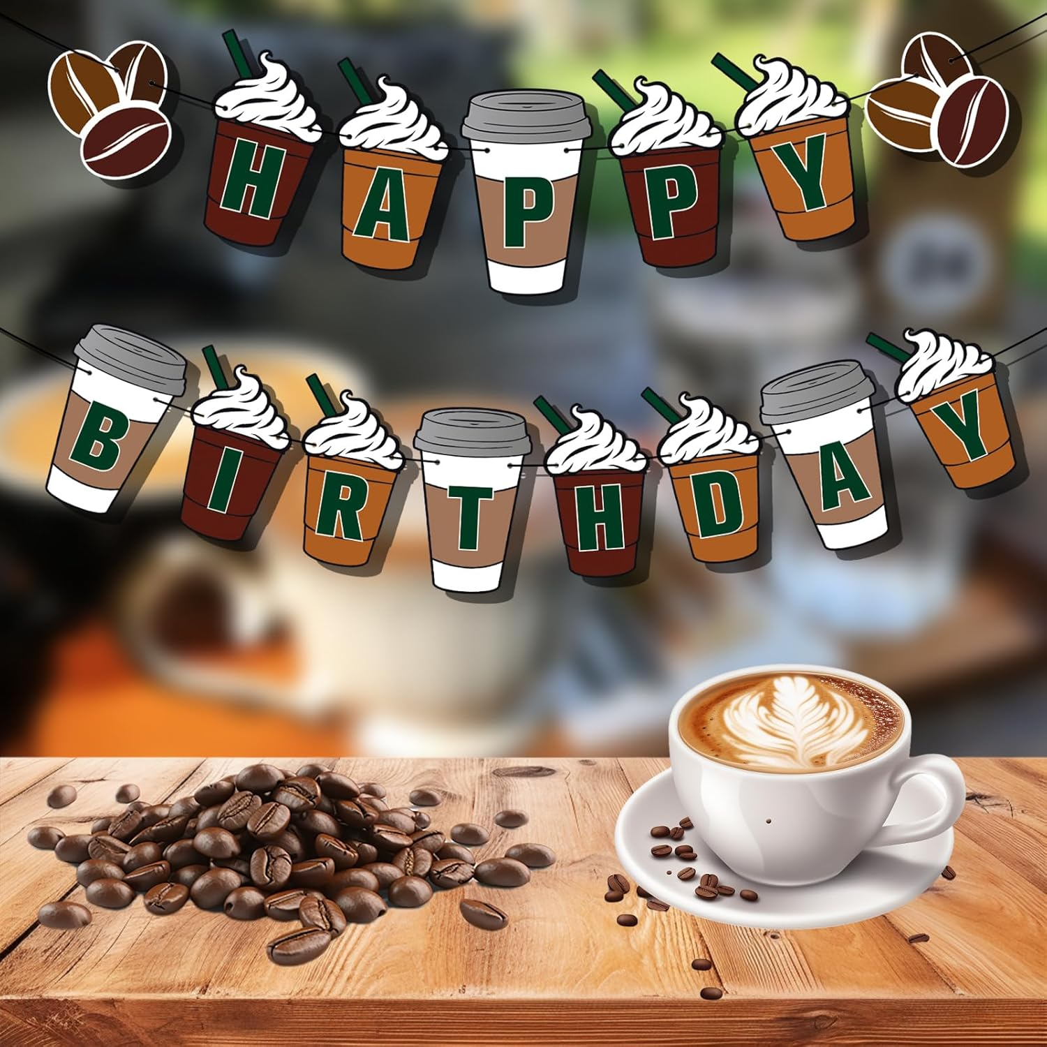 Happy Birthday Banner, Pre-String Coffee Themed Party Decorations Frappe Coffee Birthday Decorations for Coffee Party Supplies image number 1