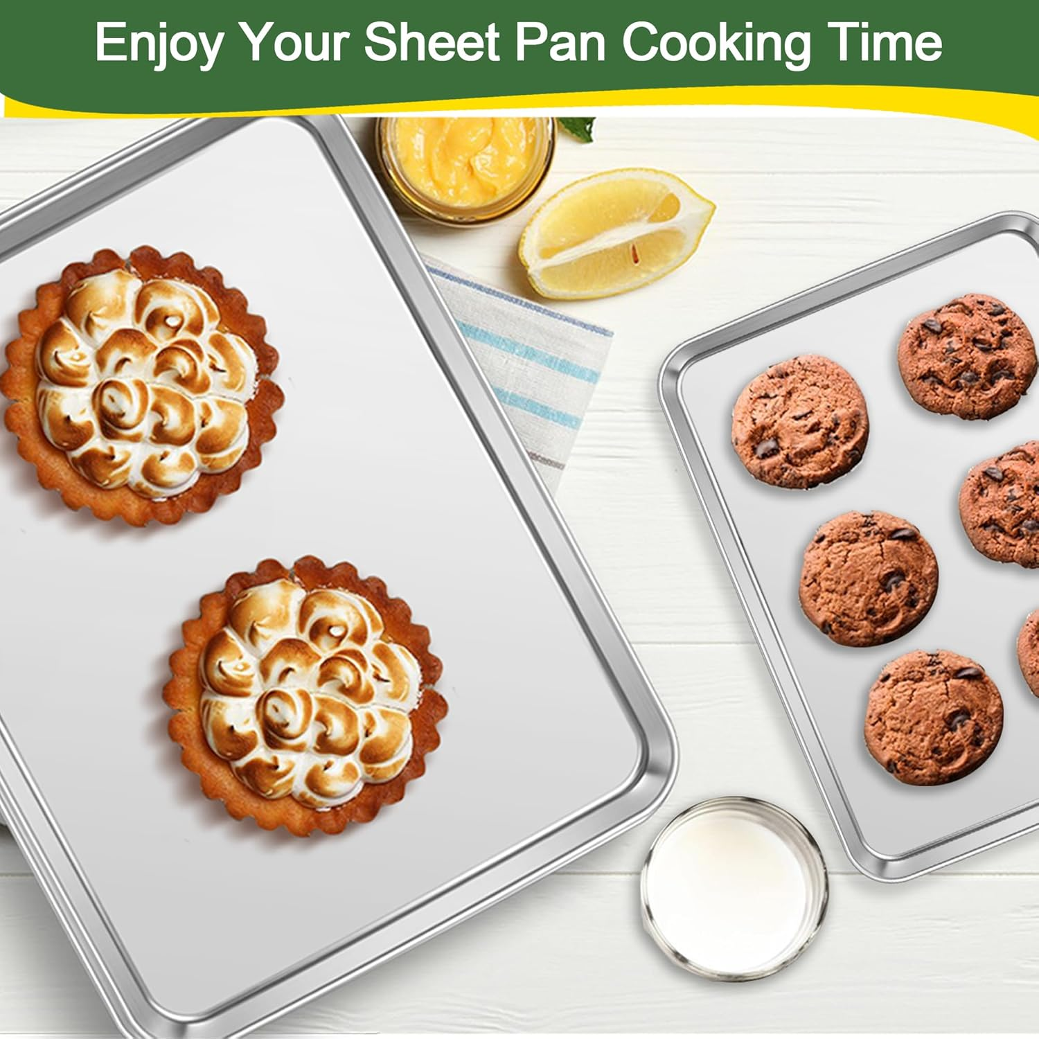 E-Far Baking Pans Set of 3, 16/12.5/9.3 Inch Stainless Steel Cookie Sheet Pan for Oven, Bakeware for Brownie Lasagna Casserole Cake, Non Toxic & Easy Clean image number 2