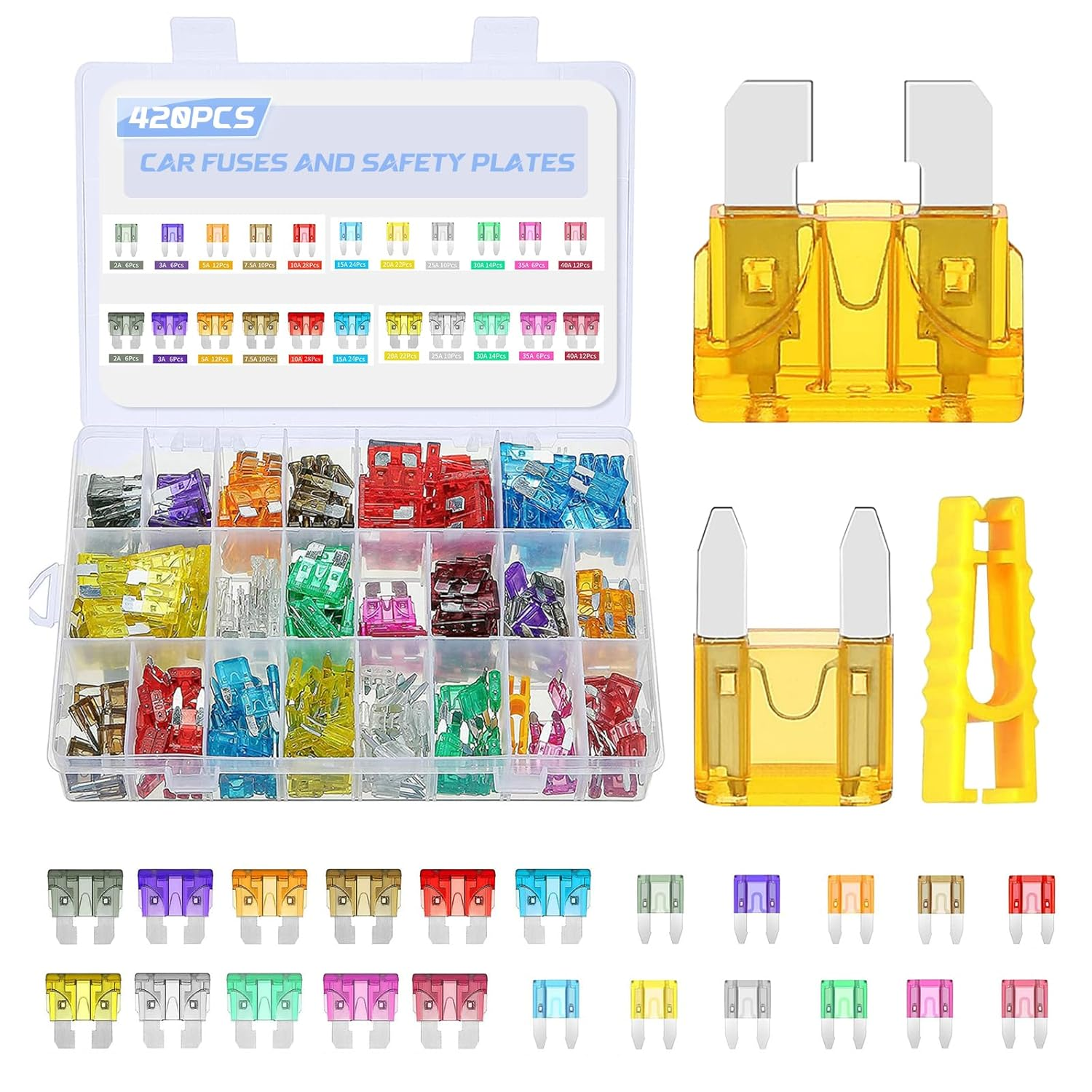 Powerful 420PCS Car Fuse Assortment Kit, Standard & Mini LP 2 Blade Fuse Set with Case and Fuse Puller (2A-40A) Zinc Alloy Auto Fuses for RV SUV Cars Trucks image number 5