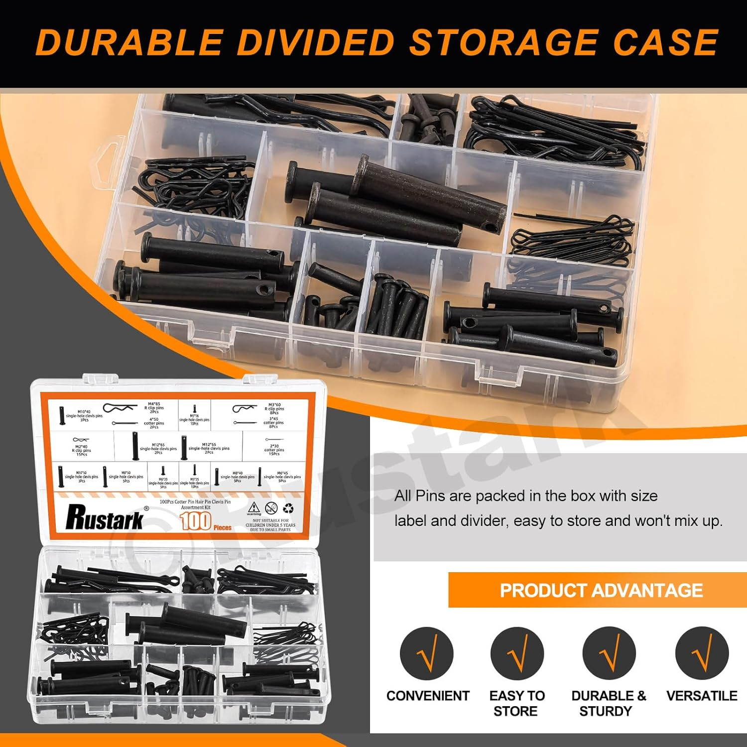 Rustark 100Pcs 16 Sizes M2 M3 M4 M5 M6 M8 M10 M12 Black Cotter Pin Hair Pin Clevis Pin Assortment Kit Zinc Plated R Clips Hair Pins Spring Pin Fasteners Hitch Pin Clips for Automotive Mechanics image number 6