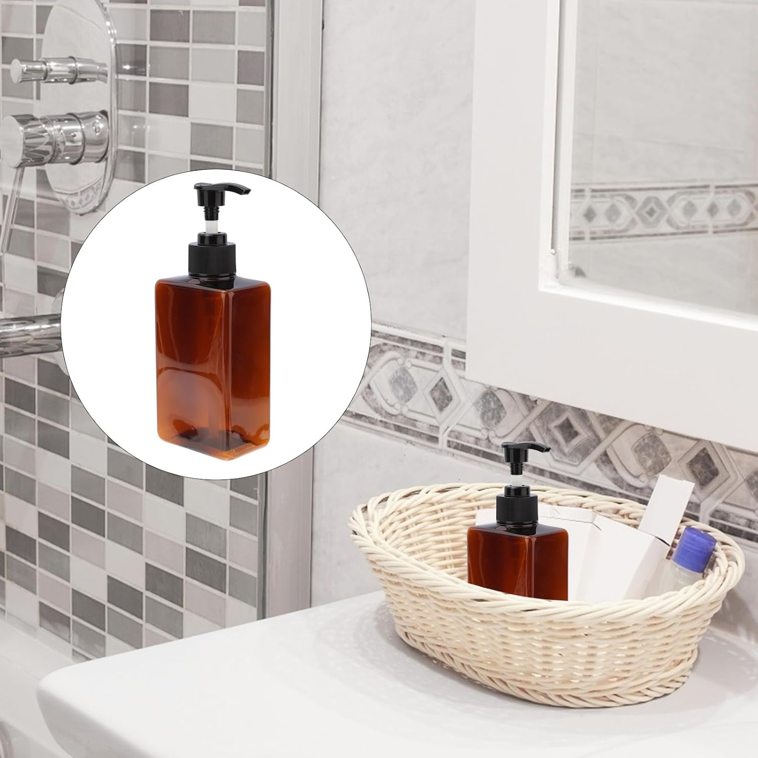 Minkissy 280Ml Pump Bottle Dispenser 2Pack Refillable Square Plastic Lotion Dispenser Empty Lotion Pump Bottle for Essential Oil Soap Lotion Shampoo, Bathroom/Kitchen/Travel Amber
