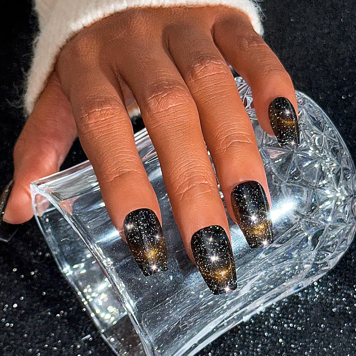 Sethexy Handmade Black Cat Eye Gradient False Nails Sparkle French Medium Press on Nails Sparkle Shiny Acrylic False Fingernails Removable for Women and Girls image number 1