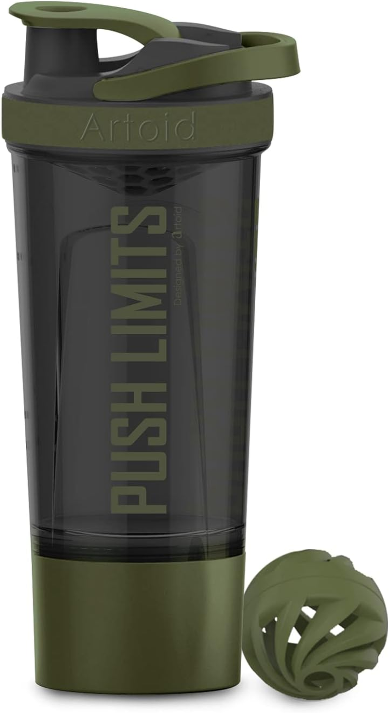 Artoid Mode Inspirational Fitness Workout Sports Protein Shaker Bottle 24-Ounce, Dual Mixing Technology with Shaker Balls & Mixing Grids Included, Twist and Lock Protein Box Storage Included