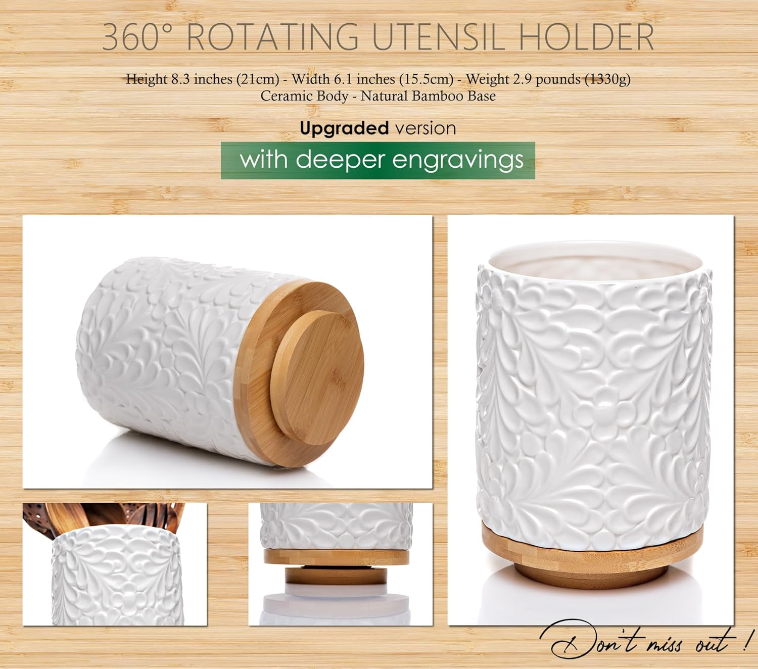 Extra Large 360&deg; Rotating Utensil Holder for Kitchen Counter, 8.3&rdquo; Cooking Utensil Holder for Countertop with Bamboo Base, White Ceramic Utensil Crock Canister for Cooking Utensils - Engraved Design image number 2