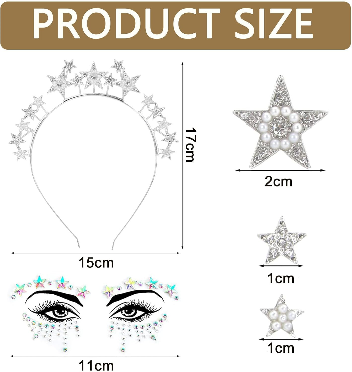 Silver Stars Headband, Stars Headband with Face Tattoo, Star Headpiece for Women and Girls, Glitter Hair Band, Temporary Tattoos Stickers, Glitter Hair Accessories for Carnival Party Halloween image number 4
