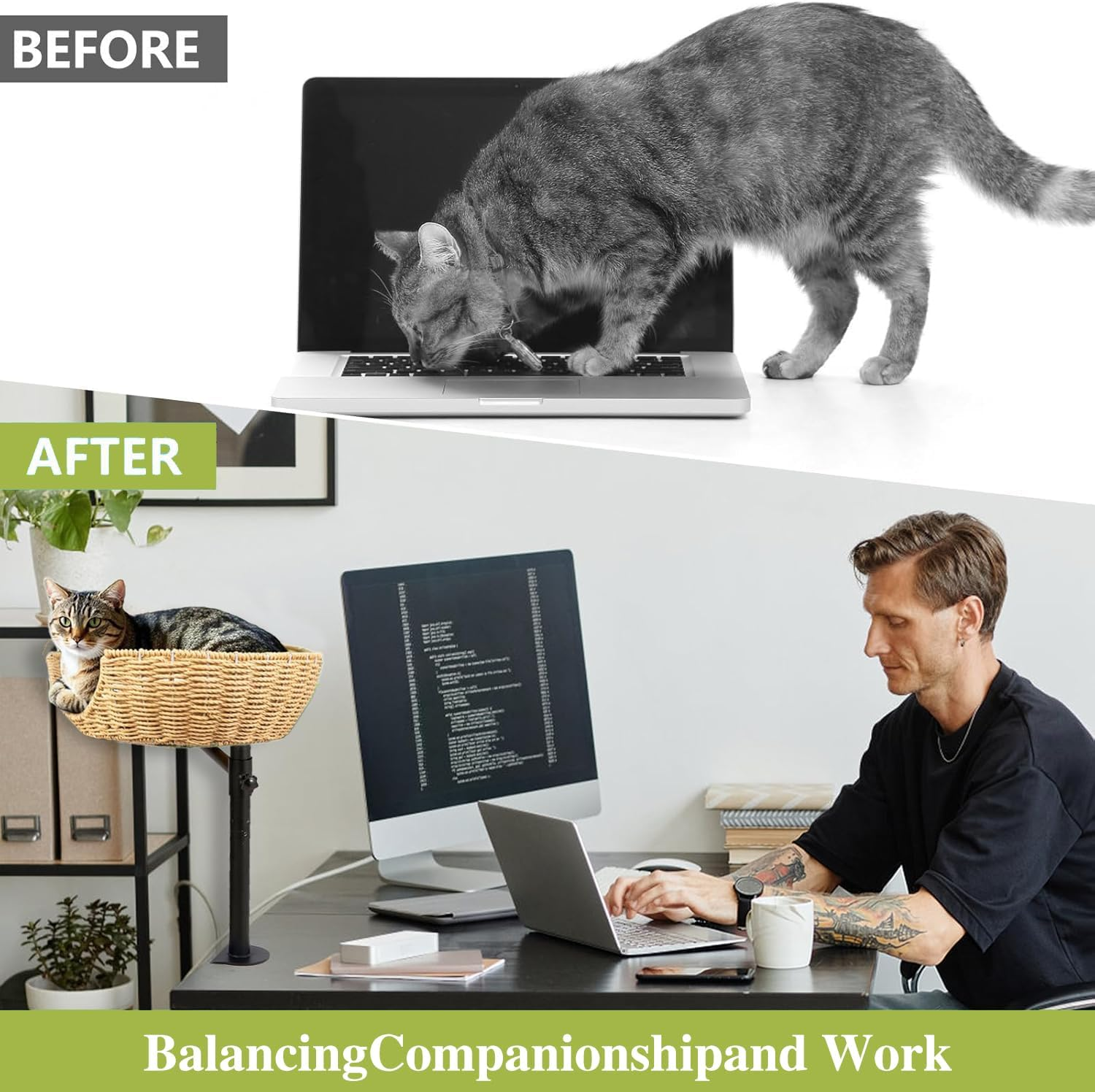 Cat Desk Bed,360&deg;Rotating & Adjustable Desk Cat Bed, Steel Frame,Cat Bed for Desk with Paper Rope Material,Cat B Ed Desk,With Pet Mat C at Beds for Indoor C ATS for Office Desks, Game Tables image number 1