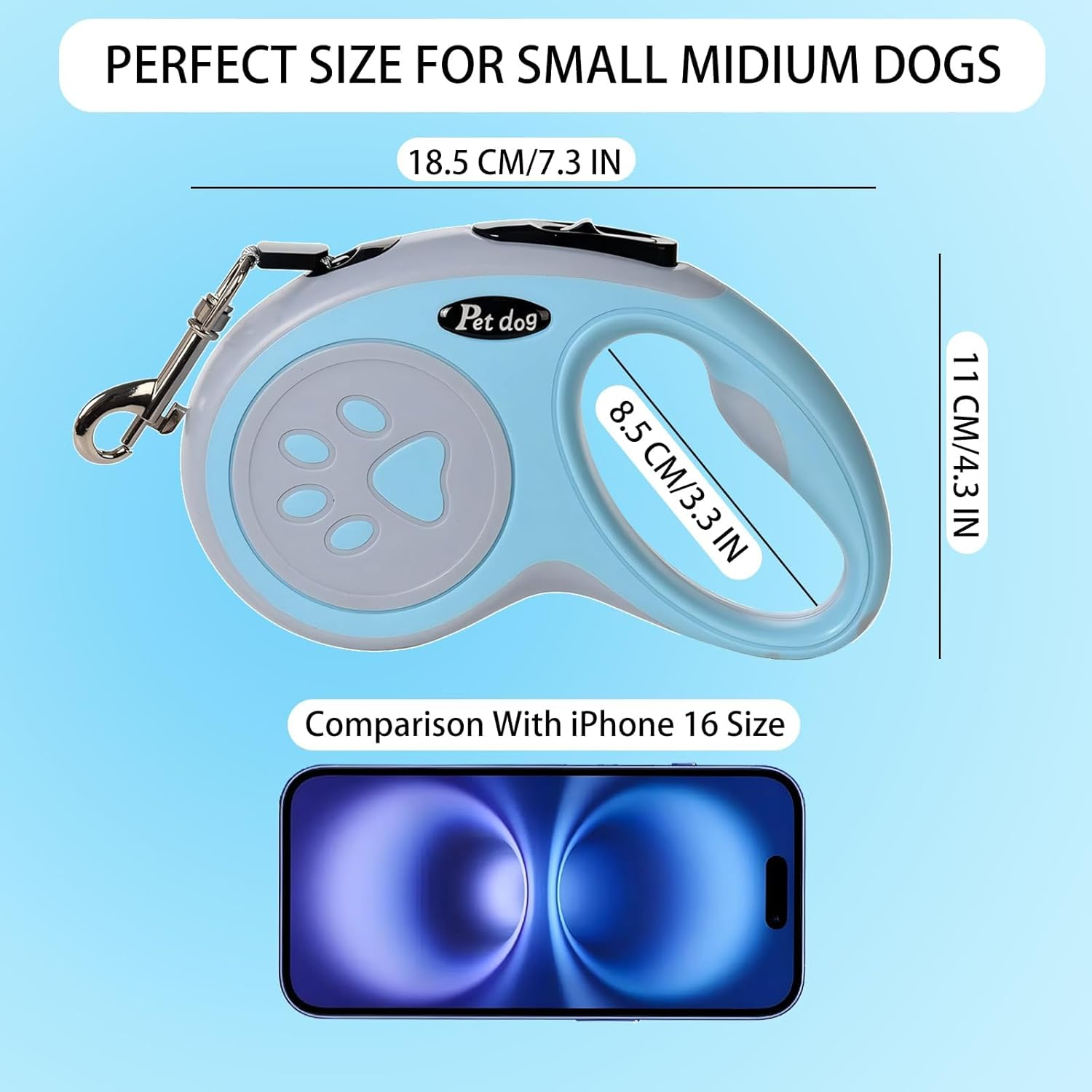 Retractable Dog Lead, IKEEP 5M/16FT Extendable Dog Lead with Strong Nylon Tape Tangle-Free One-Handed Brake, Pause, Lock for Small Medium Dogs (Blue) image number 5