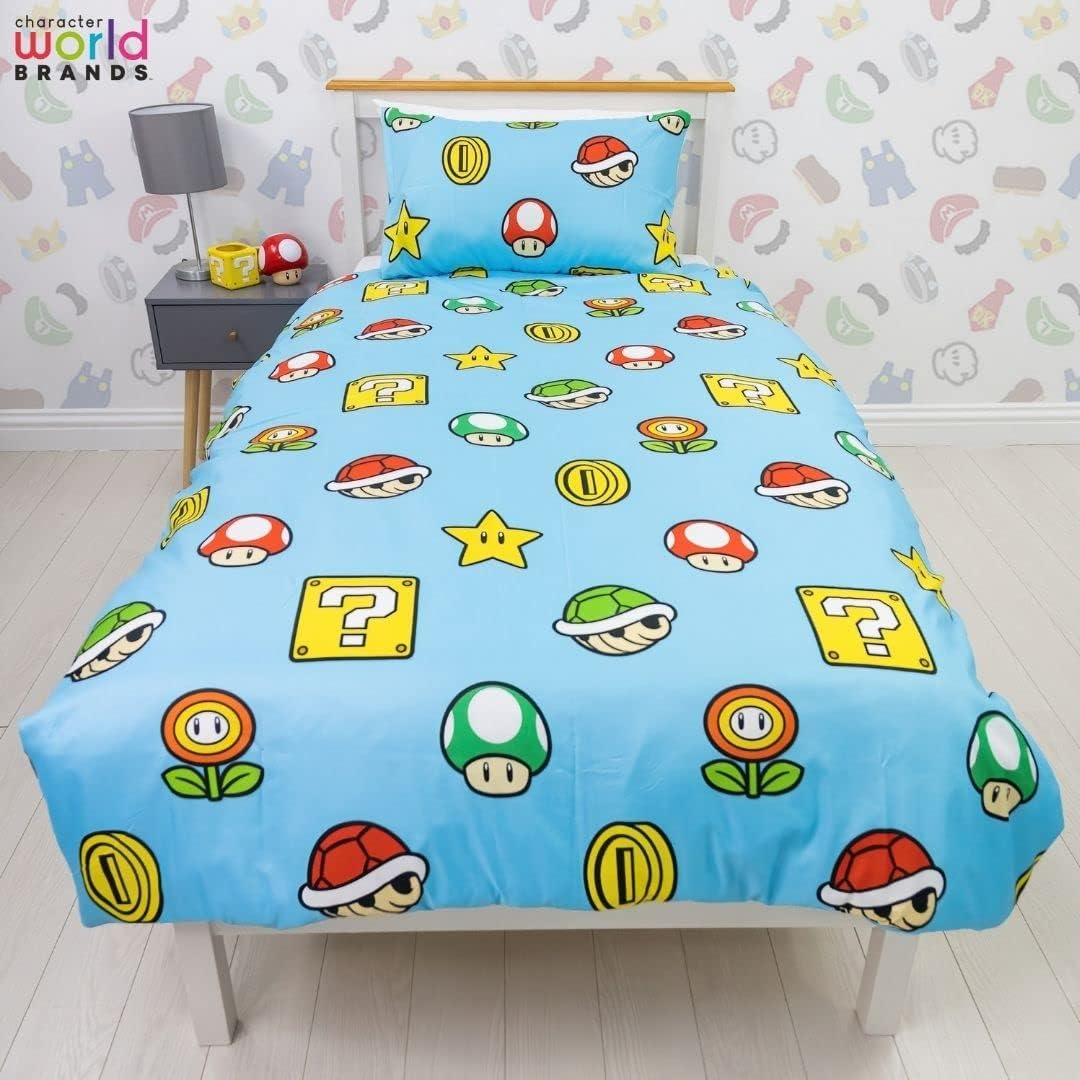Nintendo Super Mario Official Single Duvet Cover Set, Continue Design | Blue Reversible 2 Sided Bedding Cover Official Merchandise Including Matching Pillow Case