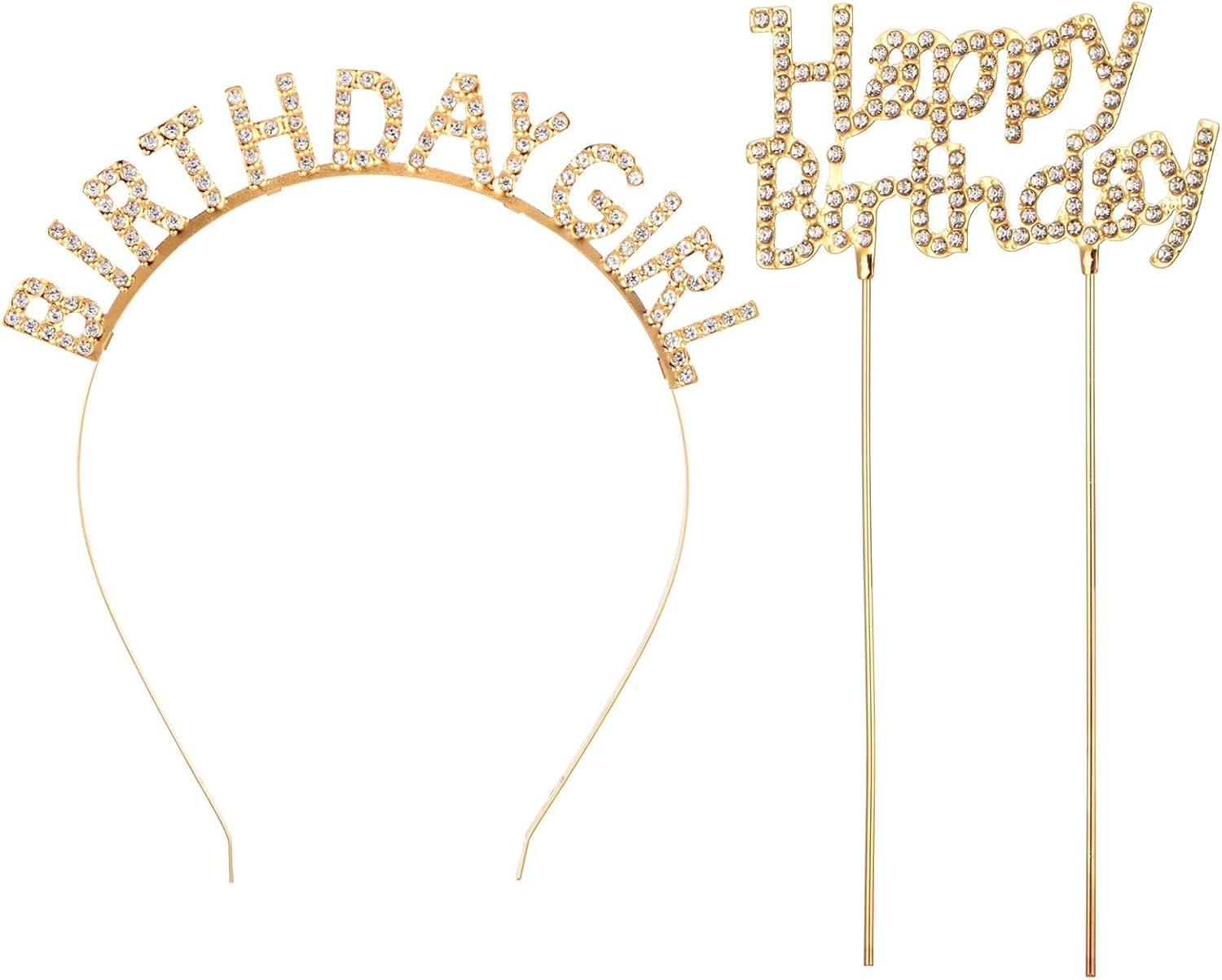 Mynoozi 2PCS Birthday Headband and Cake Topper Kit,Crown Happy Birthday Headband for Women Girls,Rhinestone Happy Birthday Accessories,Cake Decoration-Iron Gold