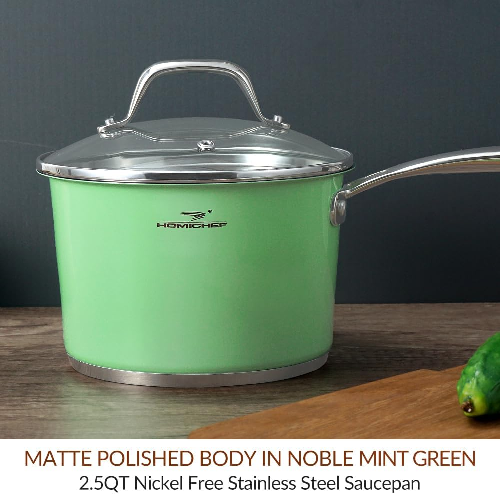 HOMICHEF Nickel Free Stainless Steel 2.37 L Sauce Pan with Glass Lid - 18CM Mint-Green No Coating No Toxic Induction Saucepan image number 4