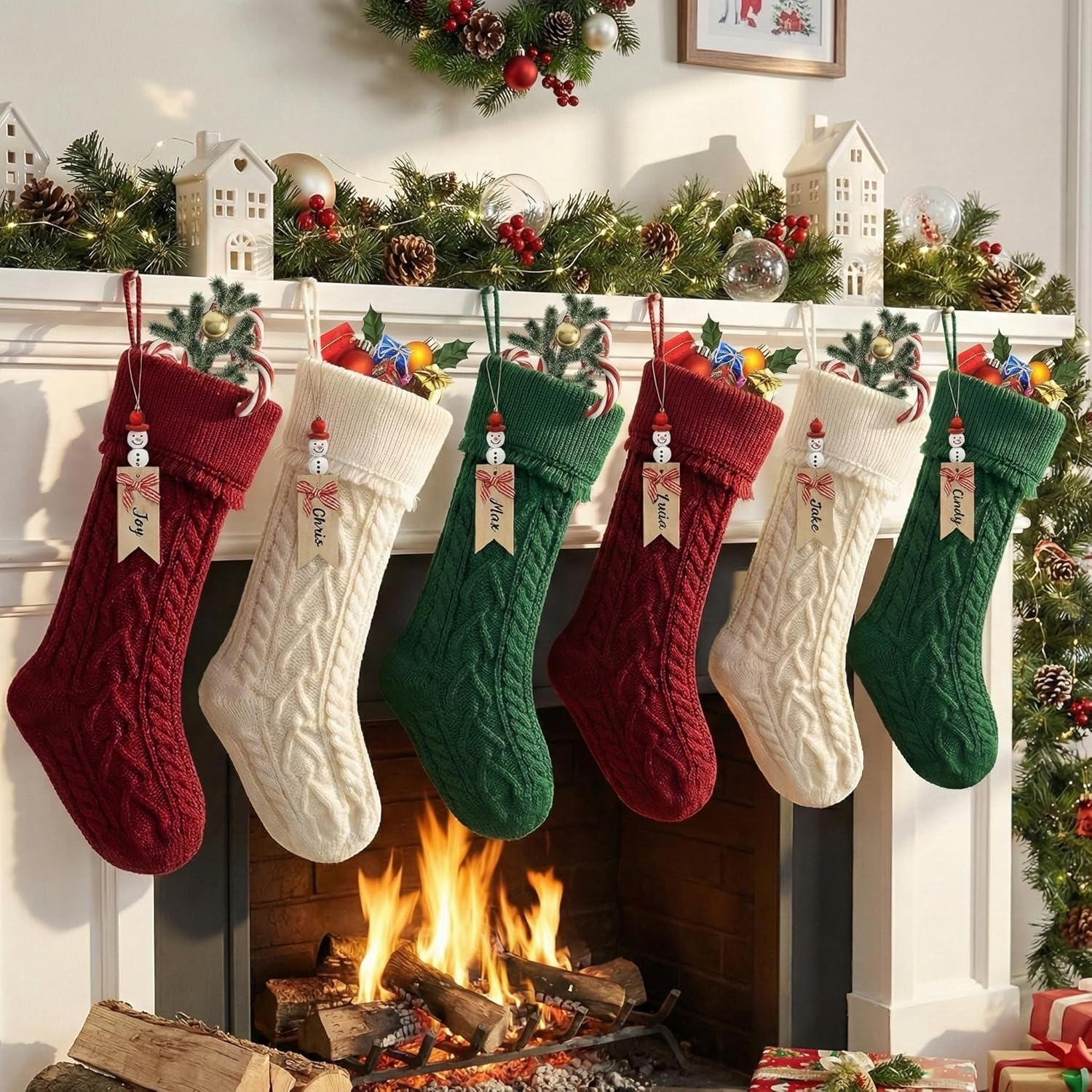 4 Pack Christmas Stocking,18 Inches Classic Deer Xmas Cuff Stockings,Classic Large Stocking Decorations for Family Holiday Season Decor