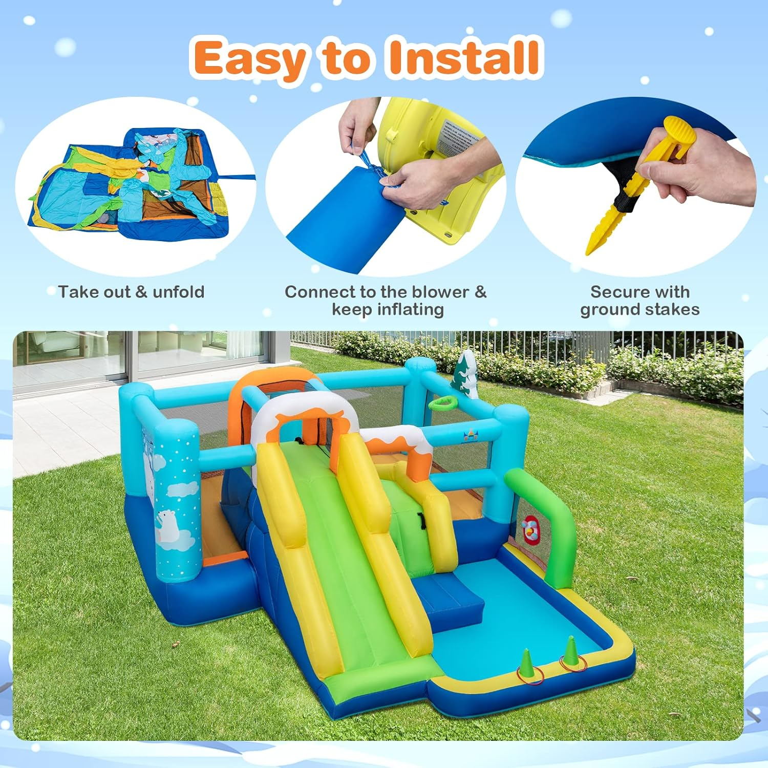 HONEY JOY Kids Inflatable Water Slide, 7-In-1 Outdoor Kids Jumping Castle W/Long Slide, Large Ball Pit, Double Climbing Walls, Basketball Hoop, Pitching Game & Ring-Toss Game (With 680W Blower) image number 2