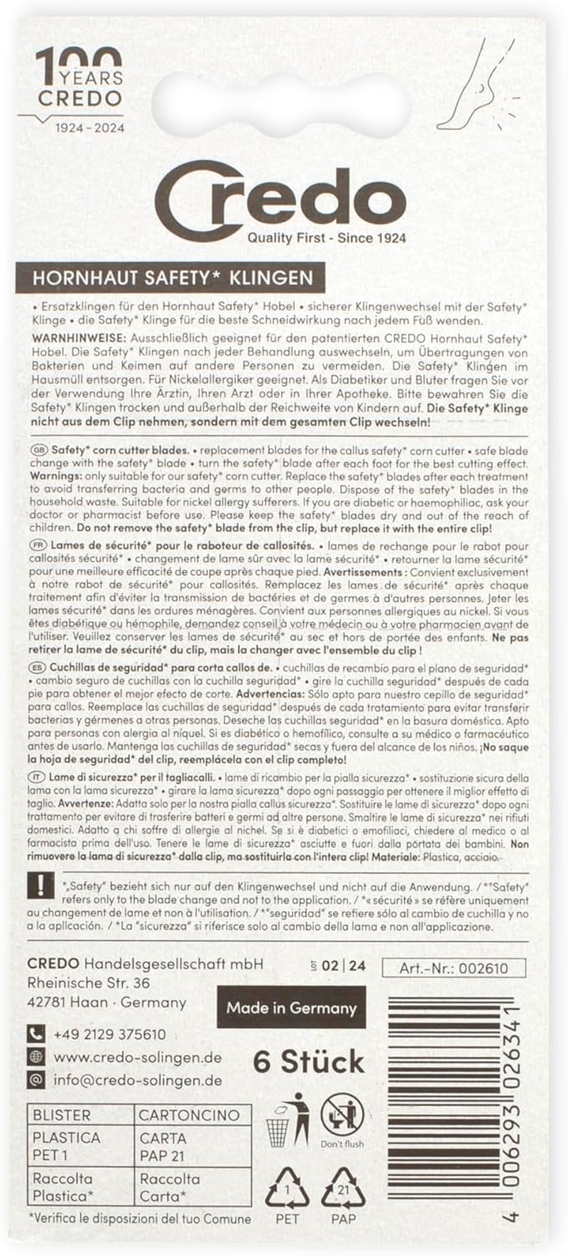 Credo Solingen Blades for Hard Skin Safety Smoother, Blister Pack of 6 image number 1