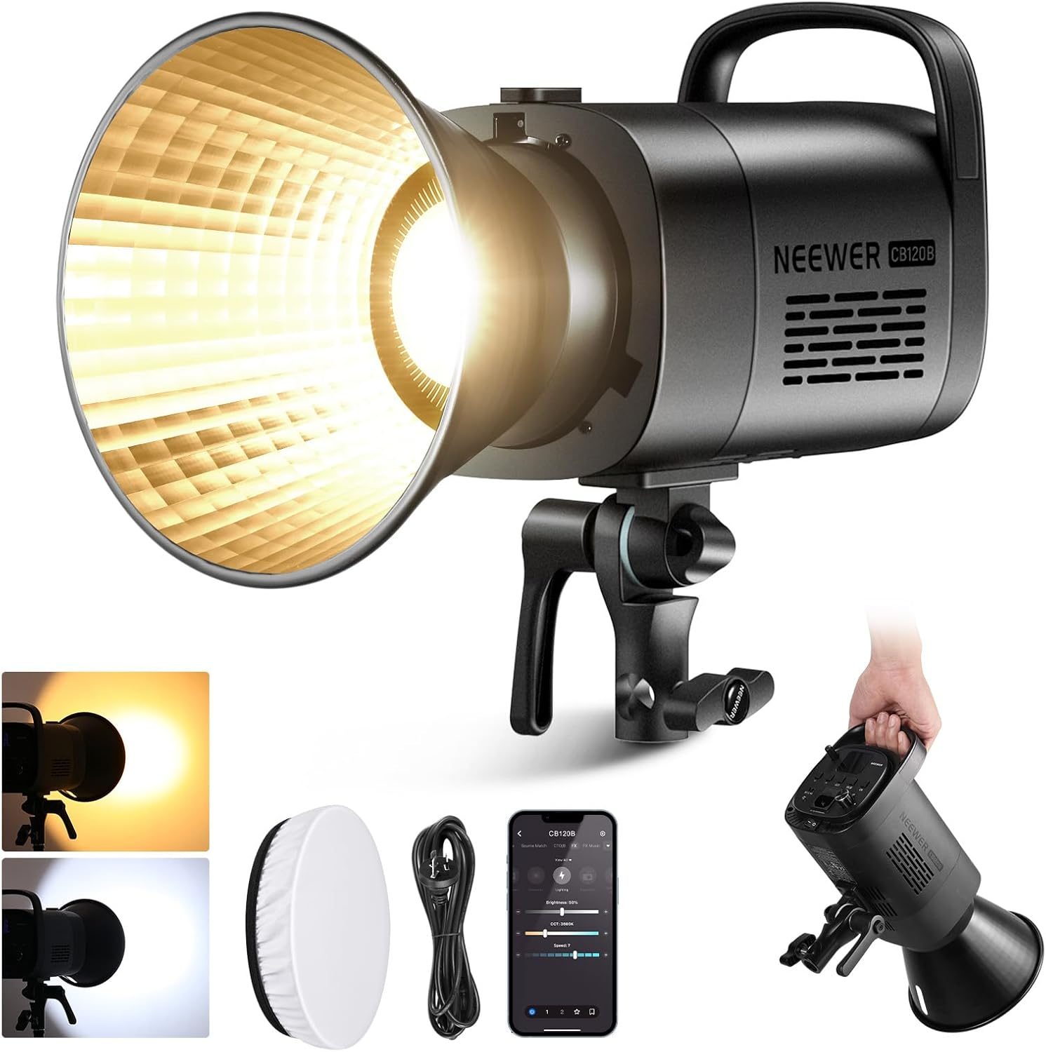 NEEWER CB120B 120W LED Video Light with 2.4G&APP Control COB Bi Color 2700K-6500K 78000Lux at 1M/Cct Mode/Cri97/12 Scenes/Bowens Mount Continuous Output Lighting for Studio Photography/Video Recording image number 6