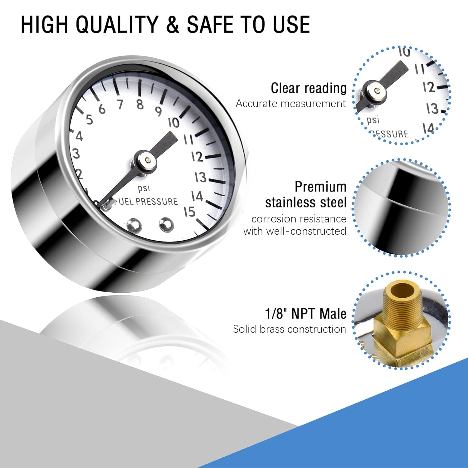 Fuel Pressure Gauge 0-15 Psi with Stainless Steel Case 1-1/2" White Dial 1/8" NPT Back Mount