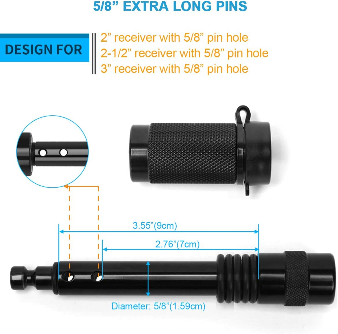 Coolrunner Trailer Hitch Lock Pin Set, 5/8" Extra Long Black Locking Hitch Pin, Heavy Duty Tow Hitch Receiver Lock with Anti-Rattle, Keys, Rubber Cap(5/8" Not Keyed Alike)