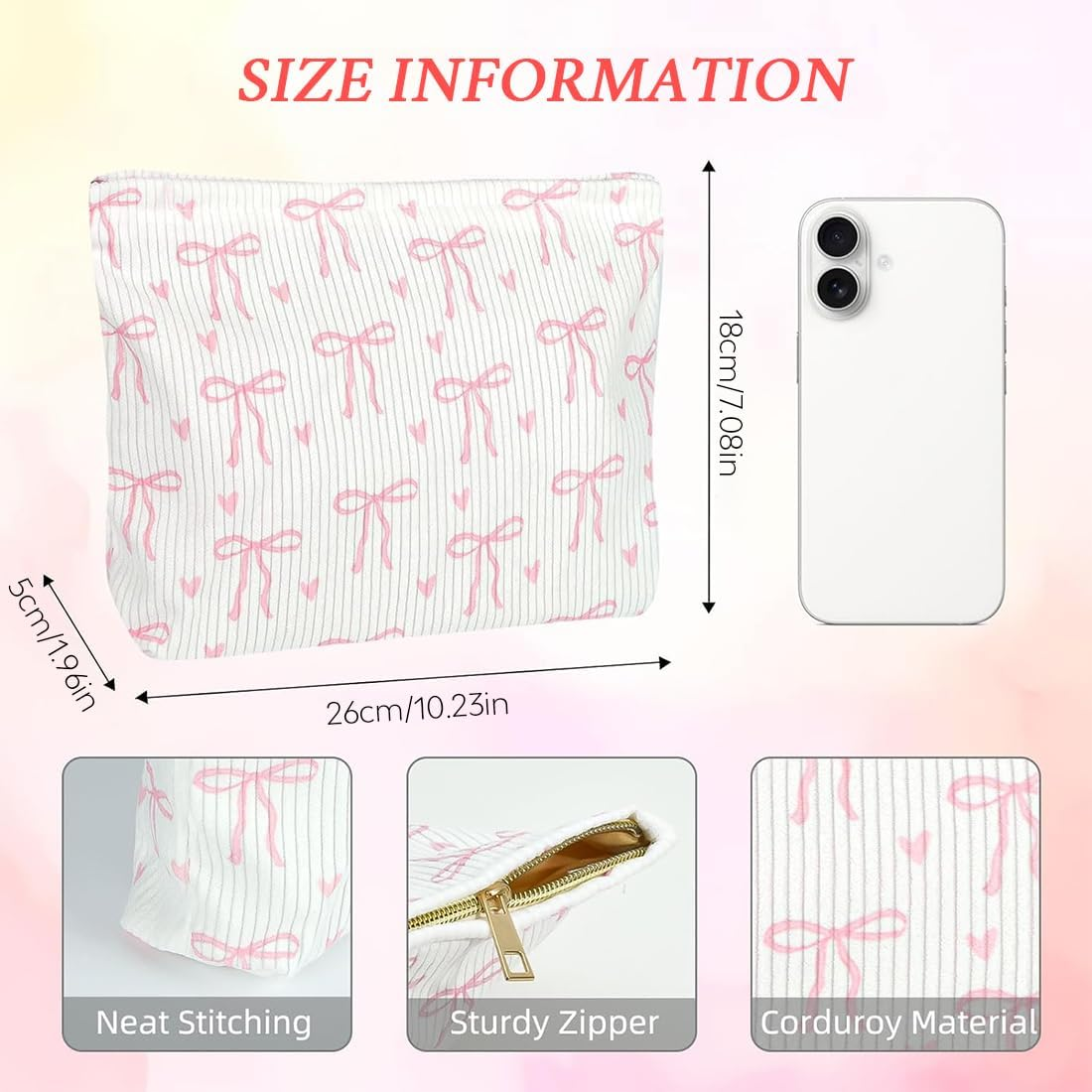 JYNVO Cosmetic Bag Small Bow Make up Bag Women Girls Makeup Bag Organiser for Travel Gift - Pink image number 1