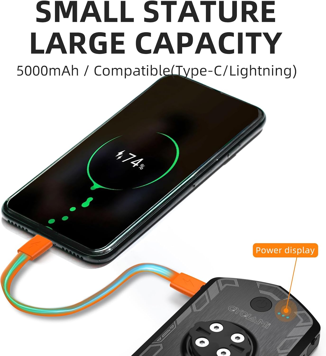 CYCLAMI Front Lights，Bike Lights Compatible with Garmin/Igpsport/Magene/Cycle Computers, 5000Mah 120Lumens 4 Light Modes IPX6 Waterproof Type-C Front Bicycle Lights Daylight Cycling Headlight image number 6