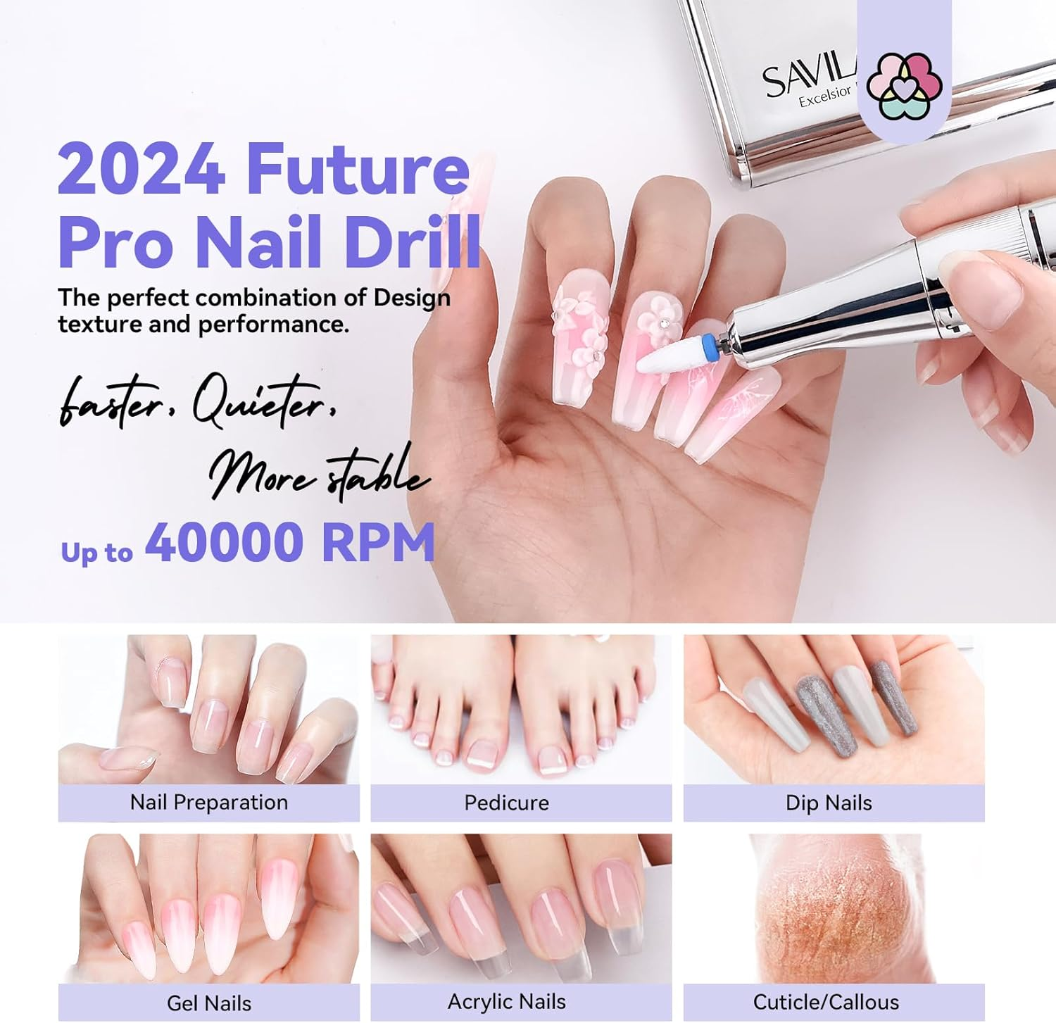 SAVILAND Electric Nail Drill Professional: 2024 Pro Future Tech 40000RPM Nail Drill Kit E File for Acrylic Nails Gel Polish Rechargeable 6000Mah Portable Nail Filer Drill Bits Salon image number 6