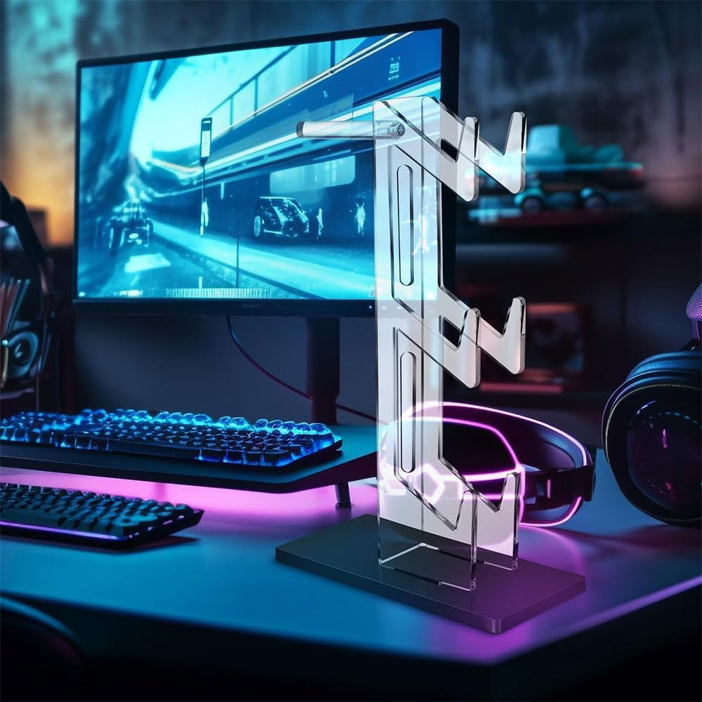 Acrylic 3-Tier Game Controller and Headset Stand, Universal Holder for PS5, PS4, Xbox One, Switch, Transparent Gaming Accessories Organizer with Anti-Slip Base for Desk Display image number 2