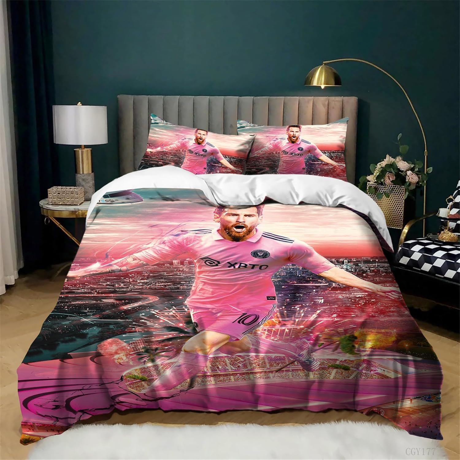3Pcs Messi Bedding Duvet Cover Set Light-Weight Quilt Cover Set Football Star Ultra Soft Duvet Cover with 2 Pillow Shams