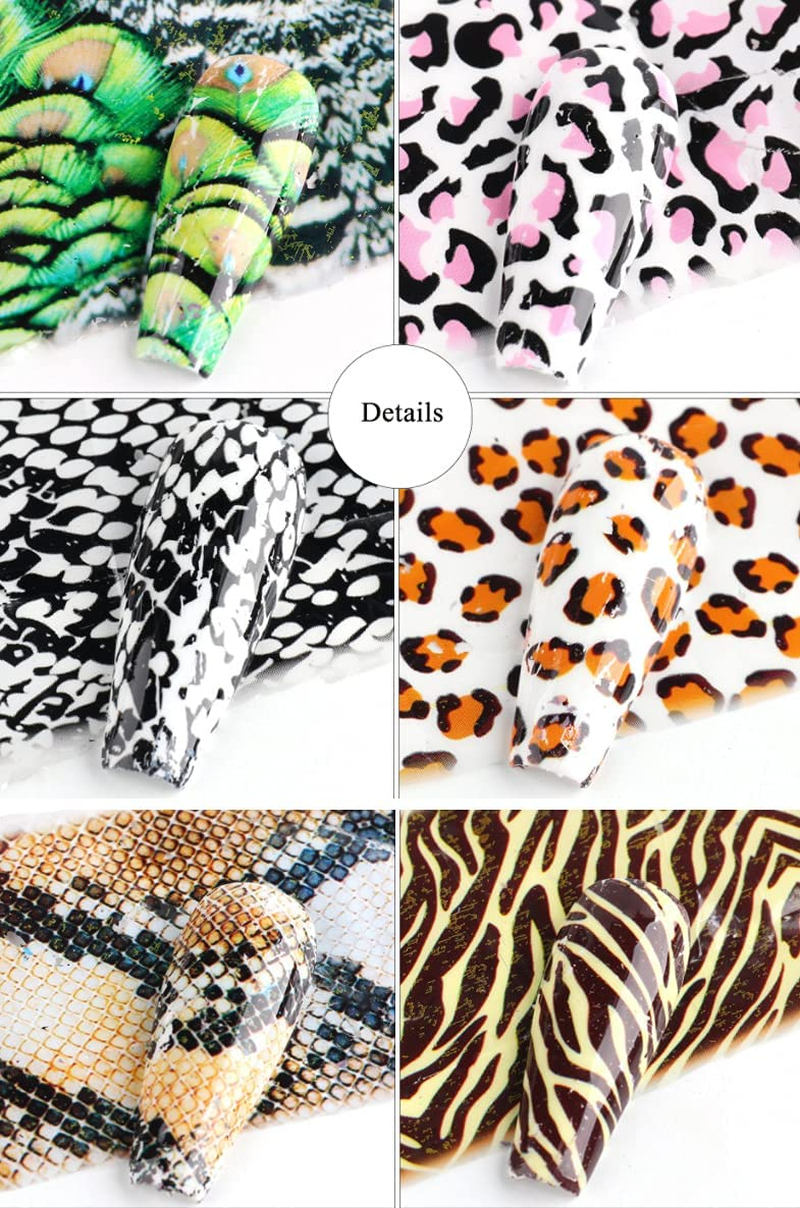 10 Styles Animal Prints Pattern Transfer Foil Sheet Set with Star Glue Nail Art Sticker Beauties Factory Kit Leopard Zebra Snake Peacock image number 3