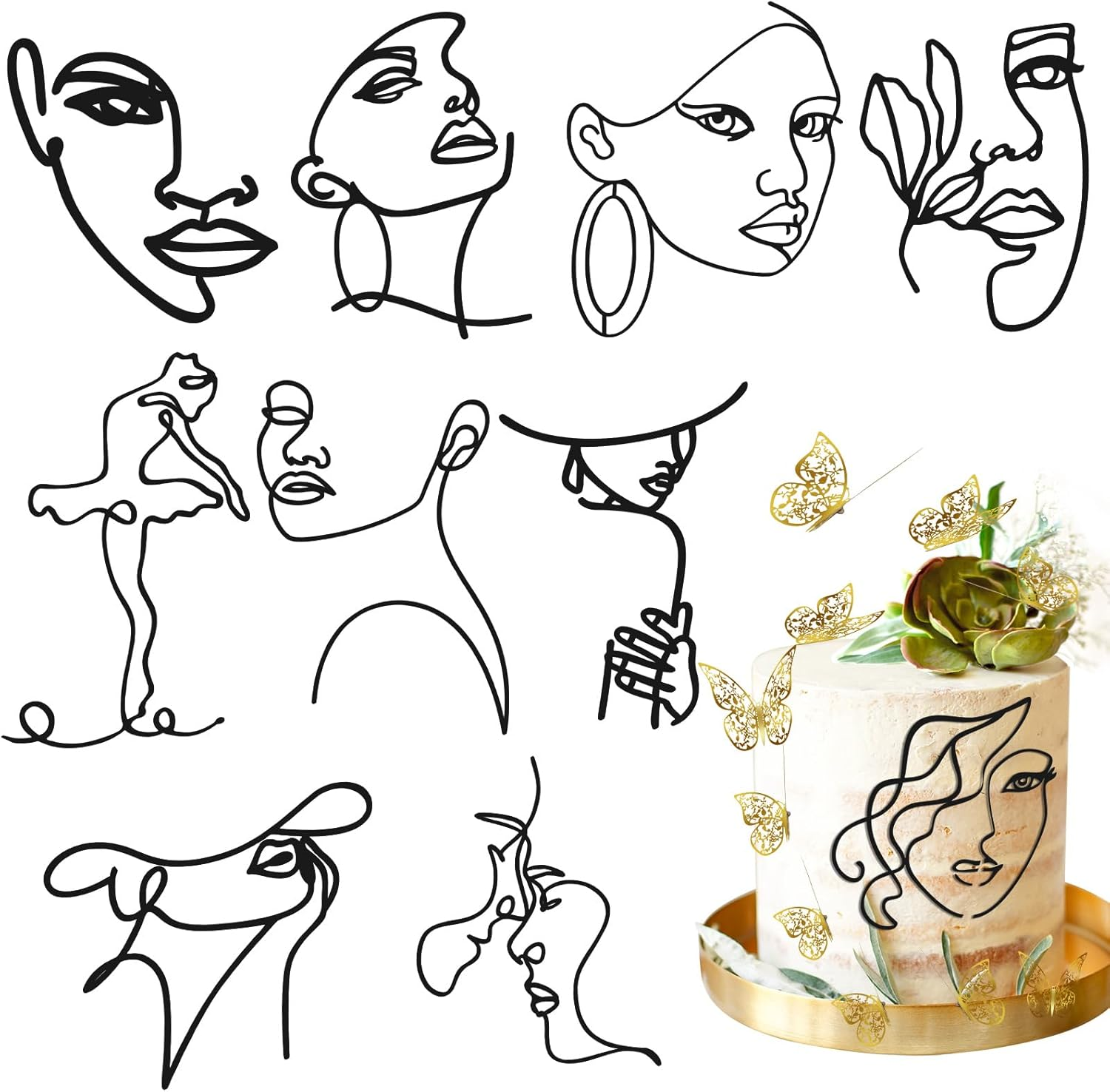 Kigley 22 Pcs Minimalist Art Lady Face Cake Topper Butterflies Cake Decoration Acrylic Wedding Birthday Boho Cake Toppers for Women Bridal Shower Party Supplies (Black) image number 6