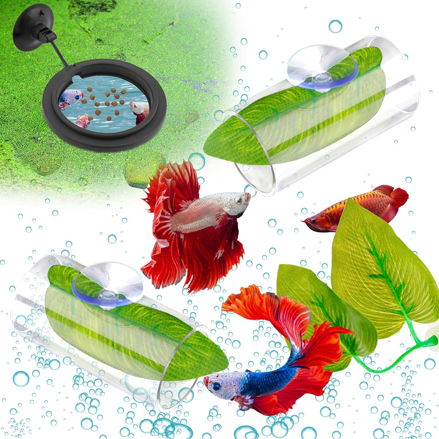 NQEUEPN Betta Fish Tank Accessories, 2Pcs Betta Tunnel & 2Pcs Betta Fish Leaf & round Fish Feeding Ring Fish Toys Betta Fish Natural Habitat Shelter Hideaway Betta Fish Tank Decorations image number 4