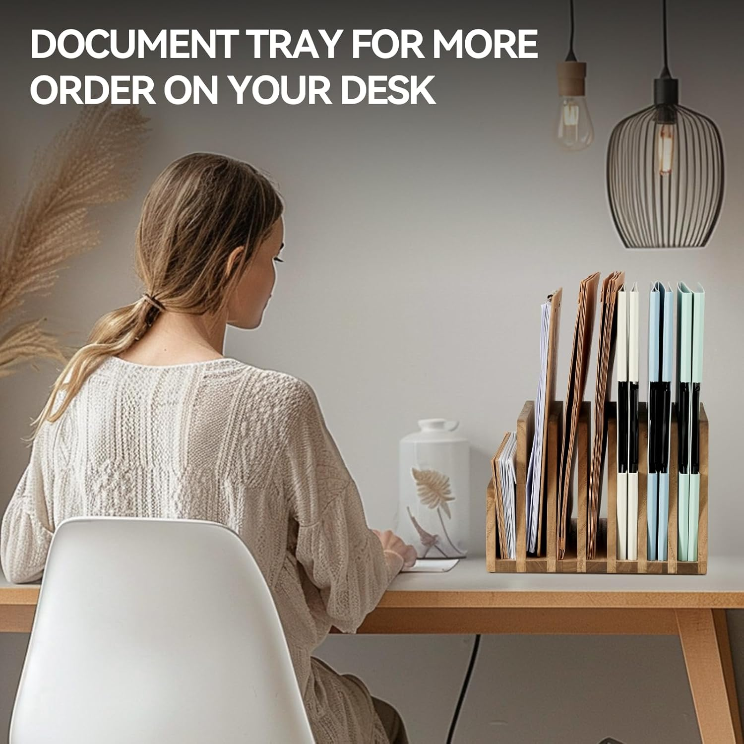 KIRIGEN Wood File Mail Organizer 7 Slots File Paper Holder Desktop Wood Document Letter Holder Organizer for Home Office Brown (7KWJJ-DBR) image number 3