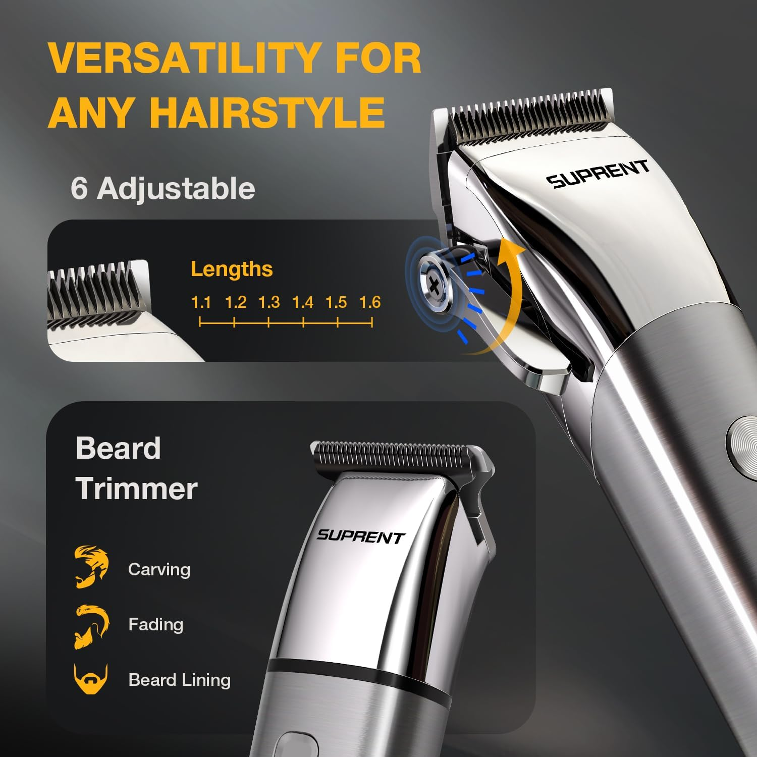 SUPRENT Hair Clippers for Men Waterproof - Professional Hair Clippers Set with T-Bladed Beard Trimmer Type-C Rechargeable, Cordless Clippers and Trimmers Set for Barbers image number 5