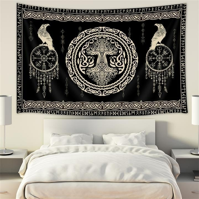 Hajmsug Vikings Tapestry,Black and White Tree Bird of Wisdom Celtic Rune Ancient Rune Totem Norse Mythology Medieval Viking Wall Art,Aesthetic Mythology Tapestry for Bedroom Living Room,60X40 Inch.