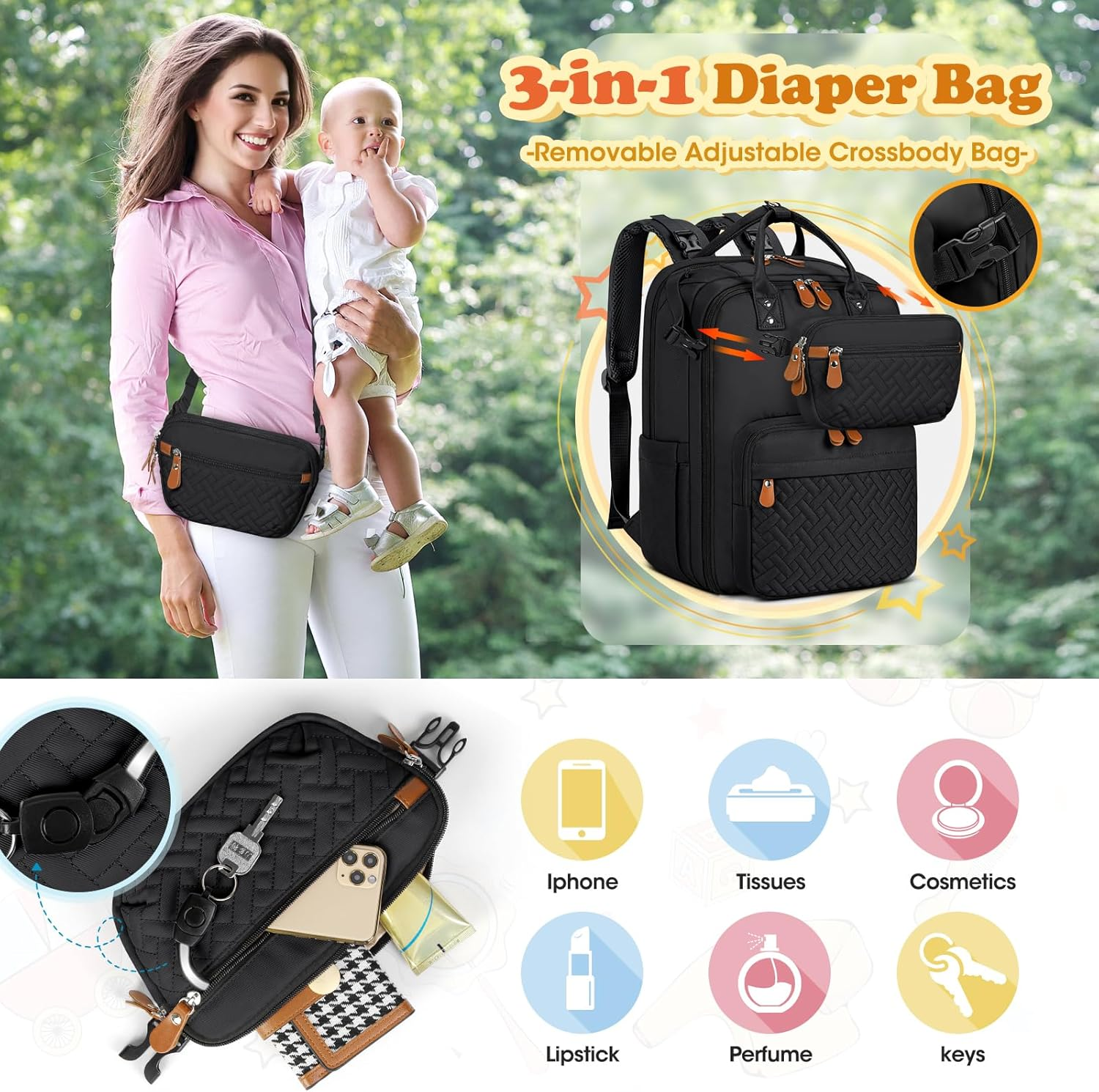 Diaper Bag Backpack, Large Waterproof Baby Bag with Changing Pad, Detachable Crossbody Bag & Stroller Straps Travel Diaper Backpack for Moms Dads Unisex Baby Essentials Organizer image number 6