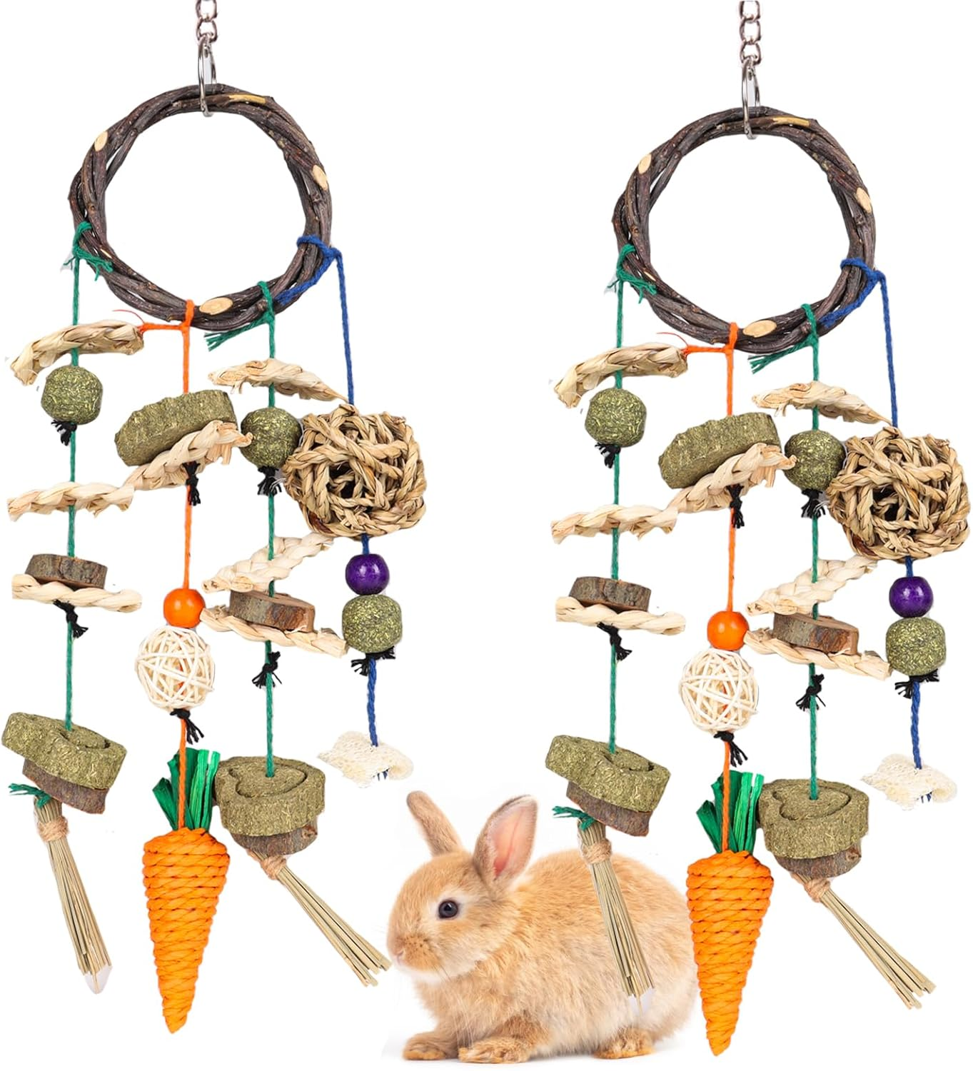 Grddaef Rabbit Chew Toys, Bunny Cage Hanging Toys Rattan Ring Treats Grinding Teeth for Rabbit Guinea Pig Chinchilla Hamster Ferret image number 5