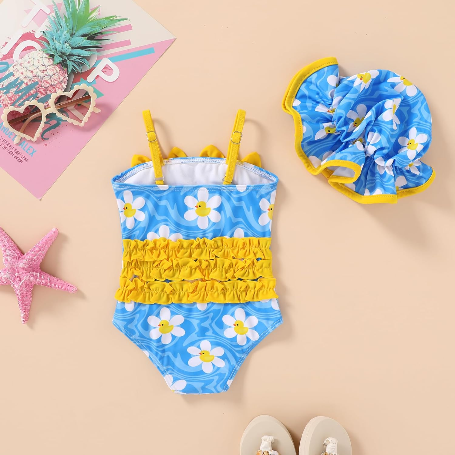 YOUNGER TREE Toddler Baby Girl Swimsuit Infant One Piece Bathing Suits with Hat Newborn Summer Beach Swimwear image number 2