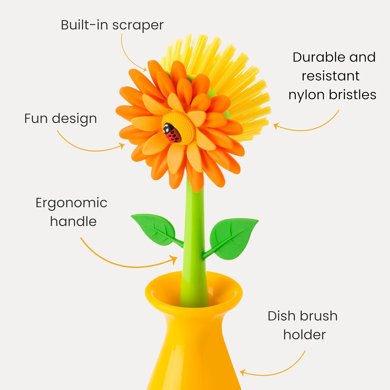 Vigar Flower Power Dish Brush with Vase, Orange (2 Pieces) image number 3