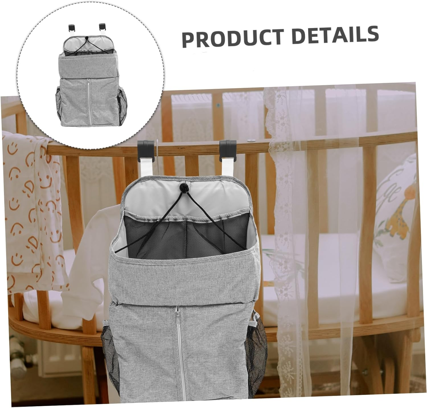 SECFOU 1Pc Crib Organizer Diaper Storage Bag Hanging Pouch for Stroller and Bed Material Convenient Essentials Holder Grey