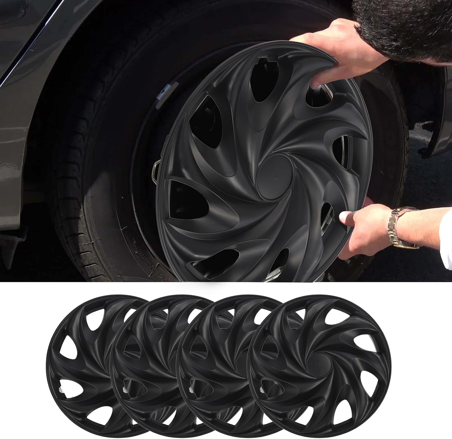 4Pc 15 Inch Hubcap Wheel Covers, Stylish and Sturdy Rim Protectors Universal Hubcap for Cars Trucks Vans, Protects and Beautifies Vehicle, Auto Tire Rim Replacement image number 6