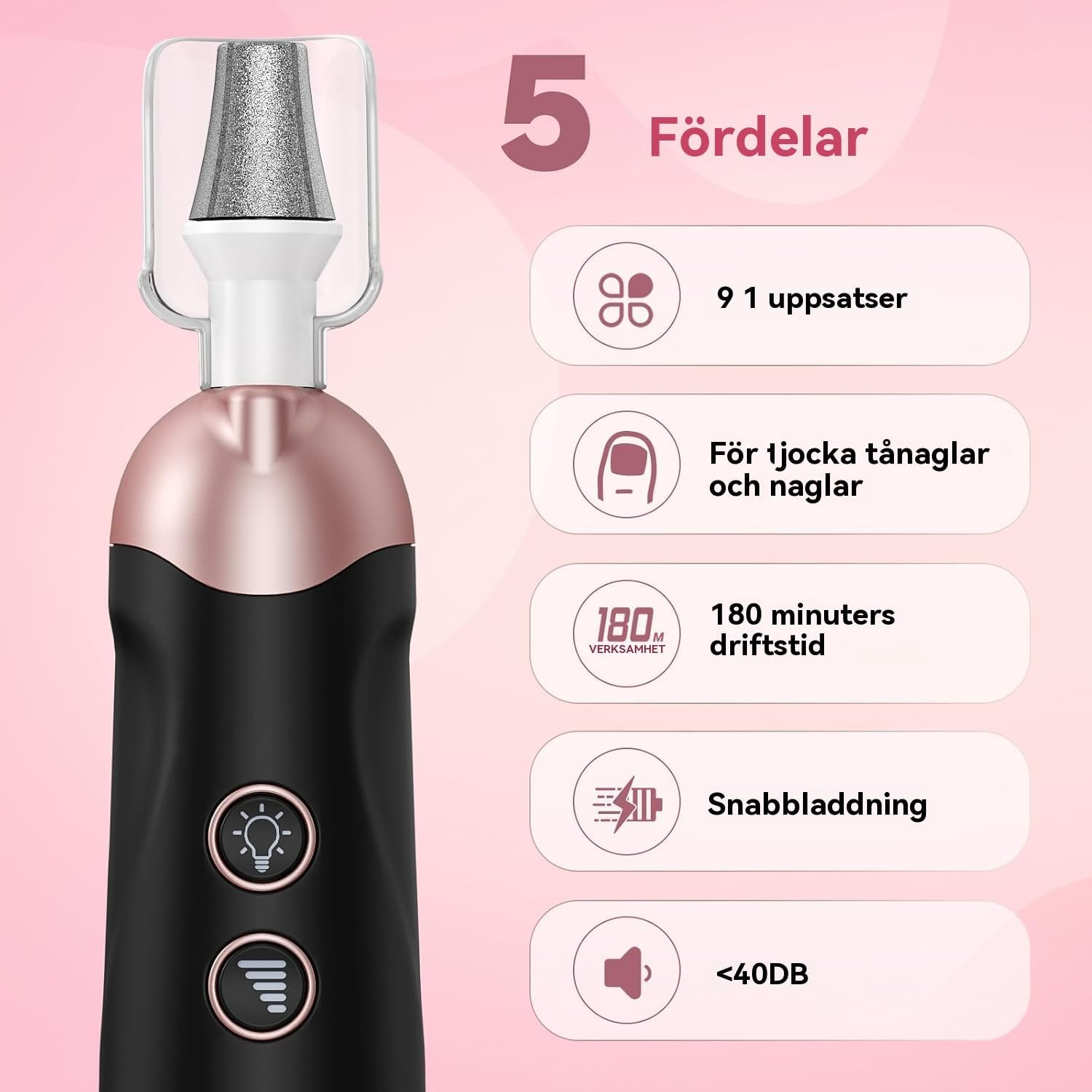 AOMEES Electric Manicure, Electric Nail Cutter Set, Manicure Pedicure Set Foot Care Electric with 9 Attachments for Nail Care, with 5 Speeds, LED Light, Storage Bag (Black) image number 4