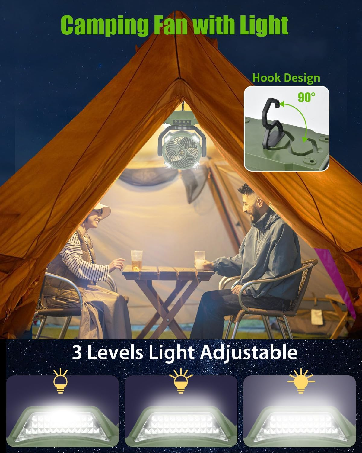 Camping Fan, 10000Mah Portable Fan for Camping with LED Lantern, Rechargeable Desk Fan Ceiling Tent Fan with Remote, Hook & Handle, 270&deg; Pivot, 4 Speeds, Timer & Power Bank Function image number 4