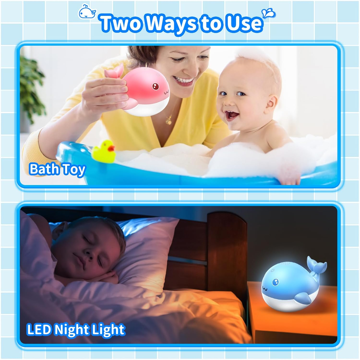Upgraded Rechargeable Kids Bath Toy with Easy Charging, LED Light up Whale Bath Toy Sprinkler Bathtub Pool Water Fountain Toy