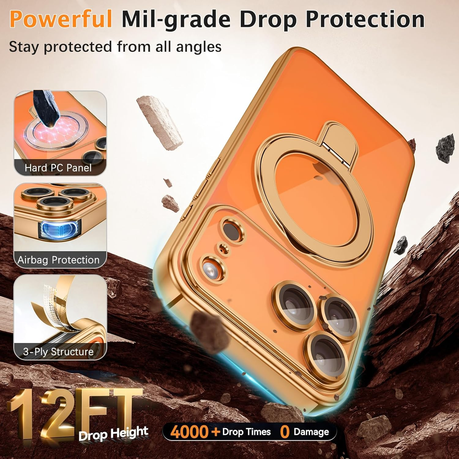 Gaobao Case for Iphone 17 Pro Max, Mobile Phone Case Iphone 17 Pro Max with Invisible Magnetic Ring Stand [Compatible with Magsafe] Coating, Transparent Back Protective Case, Gold image number 5