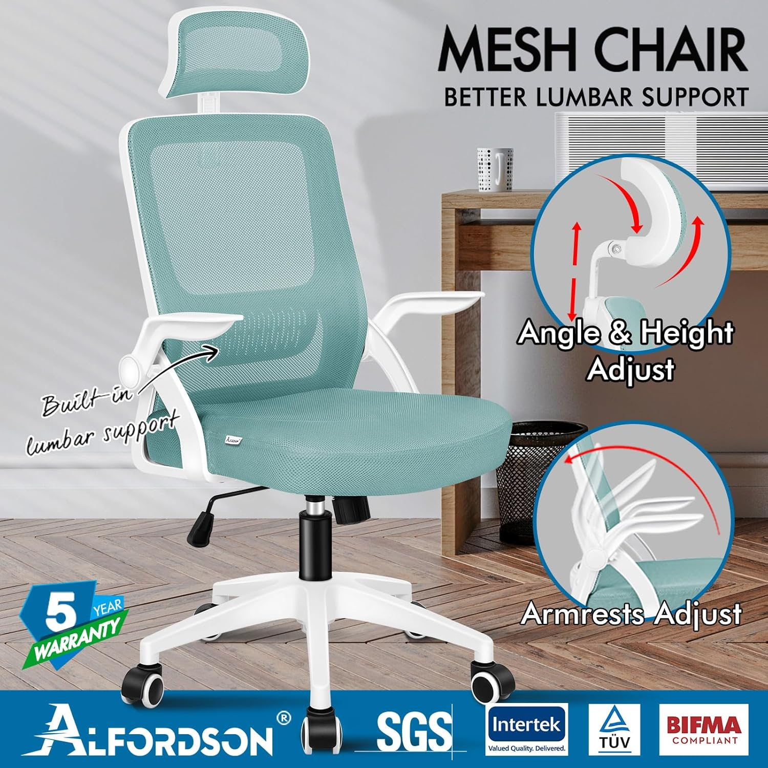 ALFORDSON Office Chair Mesh Computer Chair Swivel Executive Desk Chair with Adjustable Headrest and Armrest Arco Series(Cyan) image number 2