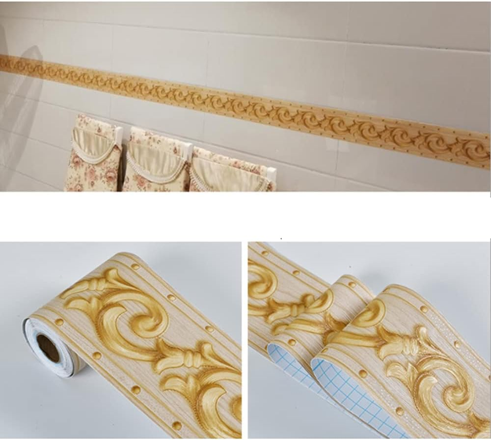 Self-Adhesive Wallpaper Border Decal, Silver/Yellow Bathroom Tile Stickers, Waterproof Kitchen Wall Borders, Embossed Waistline Backsplash - 1Pcs Yellow image number 4