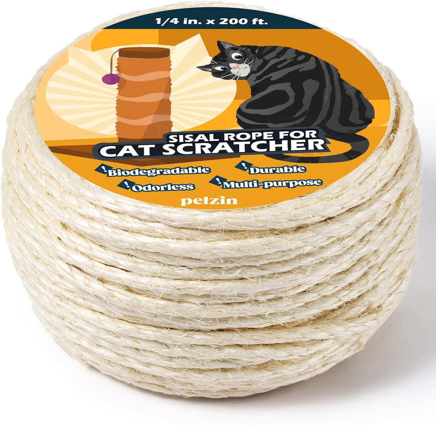 PELZIN Natural Sisal Rope for Cat Scratcher 6Mm X 30M, Cat Scratching Post Replacement Rope, Cat Tree Twine for Scratching Post Repair, Recover, Replace and DIY, Natural