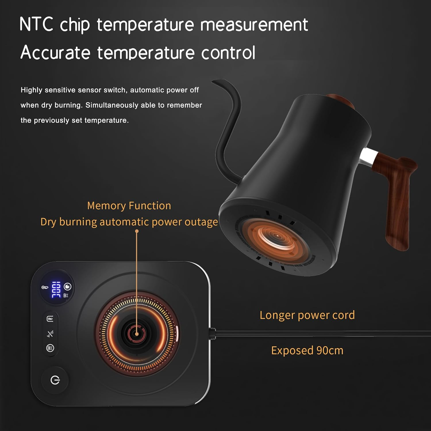 Electric Gooseneck Kettle 0.9L with LCD Display, 304 Stainless Steel Pour-Over Coffee & Tea Hot Water Boiler, Automatic Temperature Control, 1200W Quick Heating Tea Pot image number 2