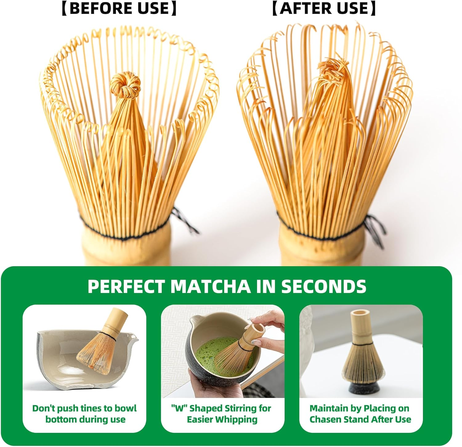 TEANAGOO Matcha Whisk, Matcha Set Bamboo Matcha Whisk (100 Prongs) with Holder, 4-Pcs Traditional Starter Set, Scoop (Chashaku), Tea Spoon, Bamboo Chasen for Making Latte, Gife for Friend/Family image number 6