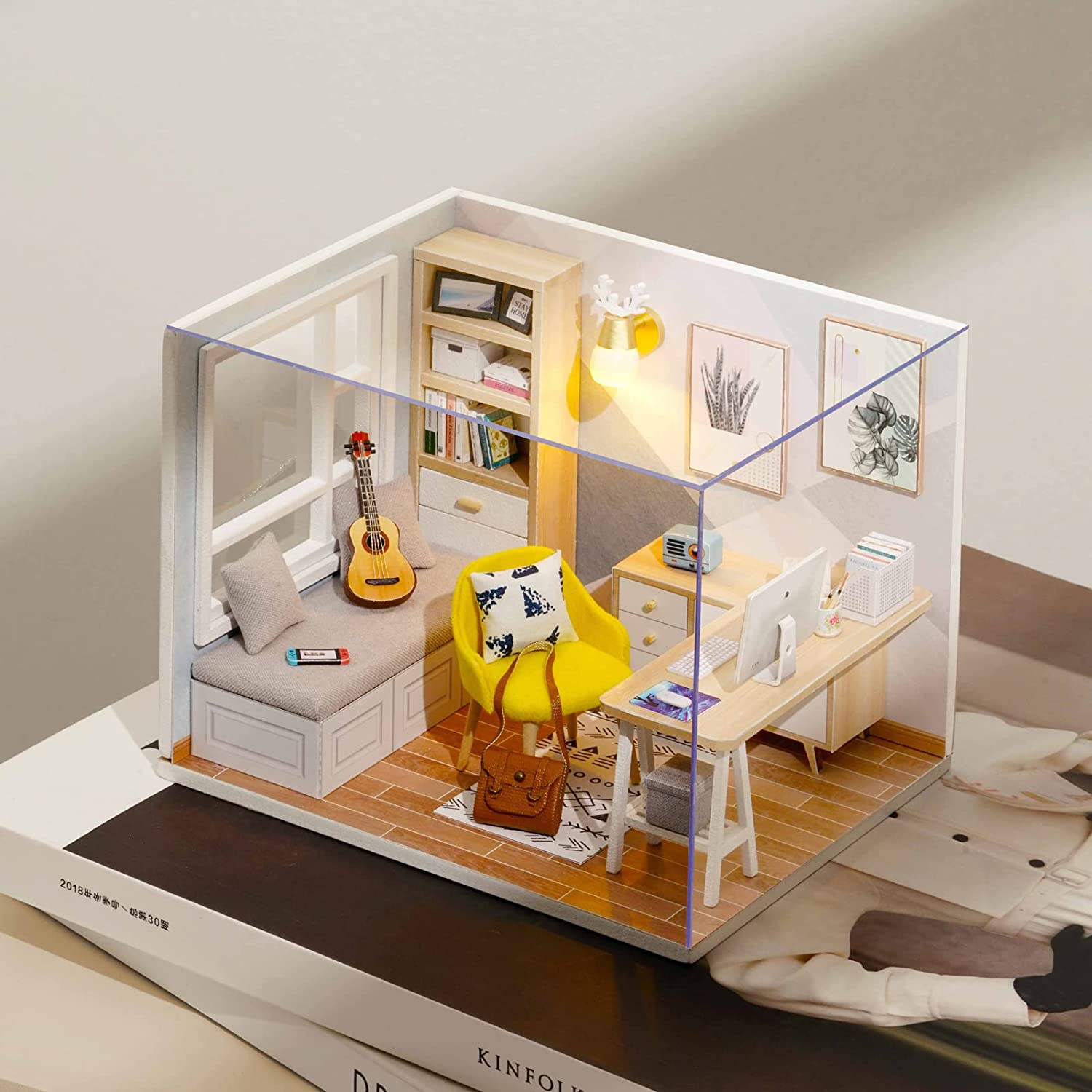 DIY Miniature Dollhouse Kit with Furniture,Wooden Doll House plus LED Lights & Dust Cover, DIY House Kit, Mini House Building Kit(Study Room) image number 2
